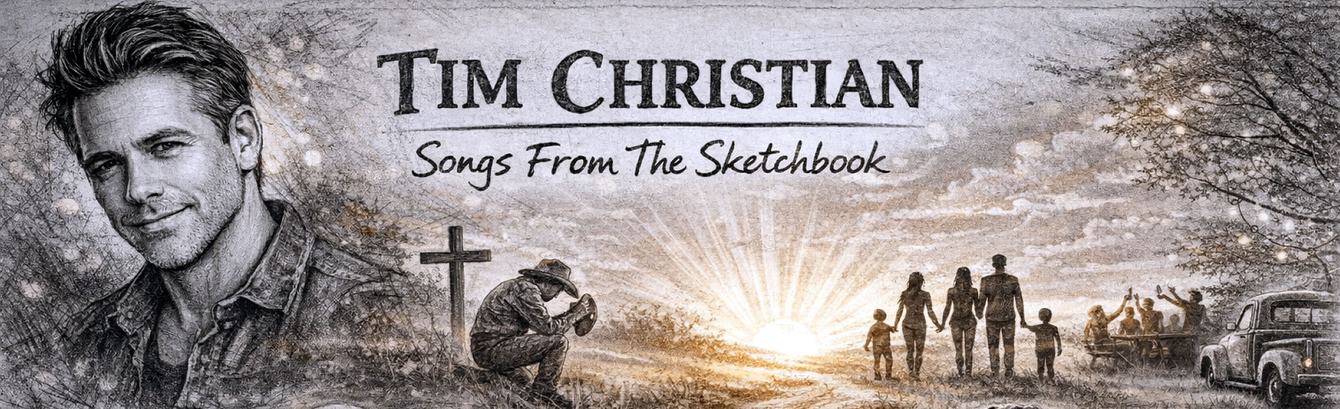 Tim Christian — Songs From The Sketchbook. Aged sepia sketchbook banner: pencil portrait of the artist, hand-lettered TIM CHRISTIAN wordmark with a flowing 'Songs From The Sketchbook' script tagline, a man kneeling in prayer beside a cross at sunrise, a family walking a dirt road, an old pickup truck, an open Bible, and a faithful dog resting in the foreground.